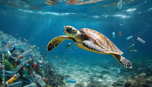 Sea turtle swimming in ocean full of plastic bottles, trash floating in the ocean, garbage pollution in the ocean