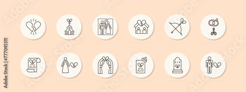 Divorce set icon. Document, broken heart, burning paper, breakup, separate, bride, wedding dress, bow, grave, photo card, split, crown. Parting, ending a relationship concept. Vector line icon.