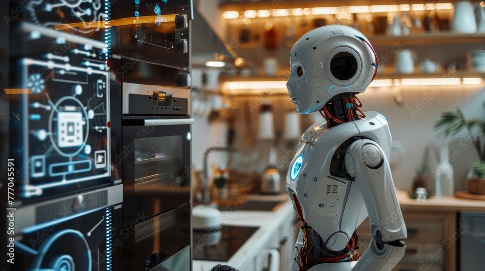 A robot is standing in a kitchen with a computer screen in front of it. The robot is looking at the screen, which displays a message. The kitchen is well-equipped with appliances such as an oven, sink A robot is standing in a kitchen with a computer screen in front of it. The robot is looking at the screen, which displays a message. The kitchen is well-equipped with appliances such as an oven, sink