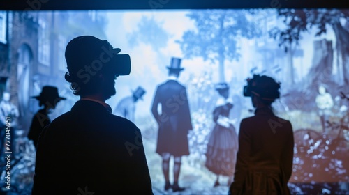 A group of people are standing in front of a projection screen, watching a virtual reality game. The people are wearing vests and hats, and there are several bicycles in the background photo