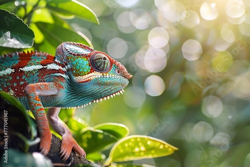 Colorful chameleon on the tree with bokeh background