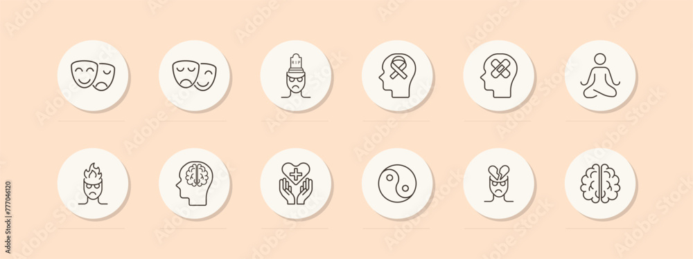 Mood icon set. Theater masks, smile, anger, yin yang, man, brain, fire, meditation, silhouette, sentiment care, patch, restoration, pastel. Controlling your condition concept. Vector line icon. Mood icon set. Theater masks, smile, anger, yin yang, man, brain, fire, meditation, silhouette, sentiment care, patch, restoration, pastel. Controlling your condition concept. Vector line icon.