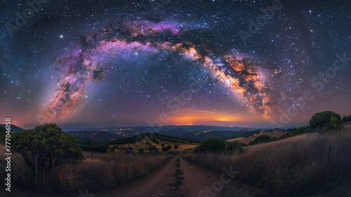 A beautiful night sky with a large arc of pink and purple clouds. The sky is filled with stars and the moon is barely visible. The scene is peaceful and serene, with the stars
