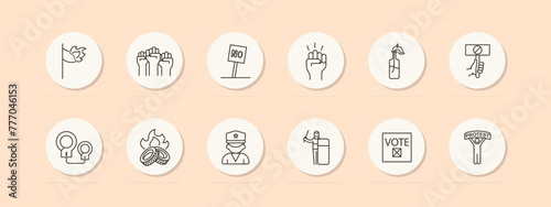 Uprising icon set. Flag, fire, banner, no, ban, handcuffs, police, burning tires, voice, man, silhouette, Molotov cocktail, pastel. The concept of the fight against the regime. Vector line icon.