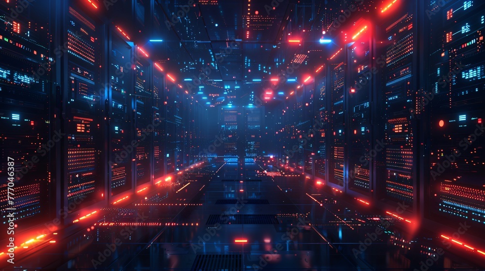 Neon-Lit Data Center Network Corridor