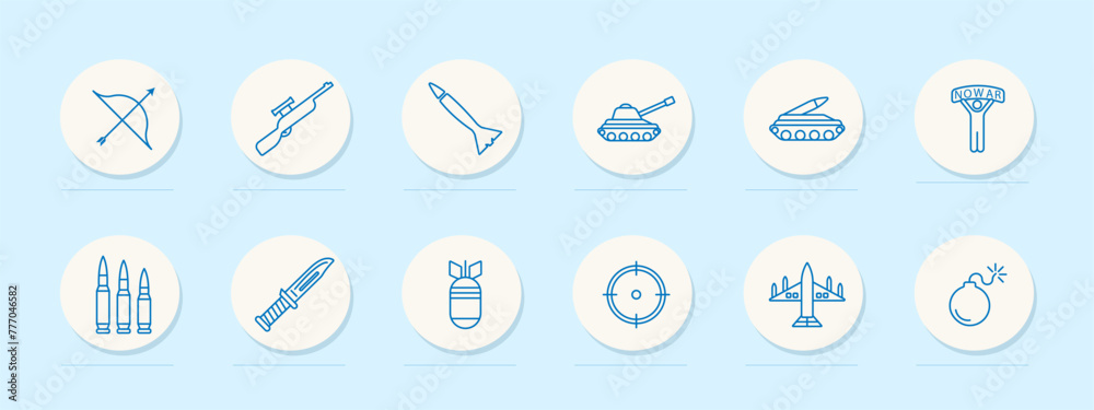 Weapon set icon. Tank, man, banner, no war, artillery, plane, blue colors, military equipment, bow, rifle, knife. Third world countries, military operations in them concept. Vector line icon. Weapon set icon. Tank, man, banner, no war, artillery, plane, blue colors, military equipment, bow, rifle, knife. Third world countries, military operations in them concept. Vector line icon.