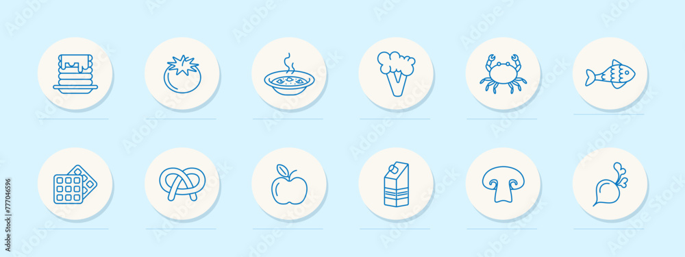 Food set icon. Fish, tomato, pastries, milk, crab, pancakes, apple, natural products, mushrooms, radishes, soup, hot, blue, delicacies, unusual food. Healthy eating concept. Vector line icon. Food set icon. Fish, tomato, pastries, milk, crab, pancakes, apple, natural products, mushrooms, radishes, soup, hot, blue, delicacies, unusual food. Healthy eating concept. Vector line icon.