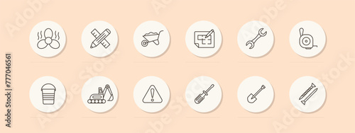 Construction set icon. Equipment, numbering, fan, heavy equipment, shovel, nails, pencil, ruler, warning sign, screwdriver, wrench. Construction equipment concept. Vector line icon.