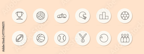 Sports set icon. Shoes, soccer ball, skittles, podium, medal, first place, rugby, volleyball, bowling ball, outdoor activity, useful hobby, pastel. Healthy lifestyle concept. Vector line icon.