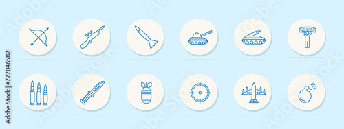 Weapon set icon. Tank, man, banner, no war, artillery, plane, blue colors, military equipment, bow, rifle, knife. Third world countries, military operations in them concept. Vector line icon.
