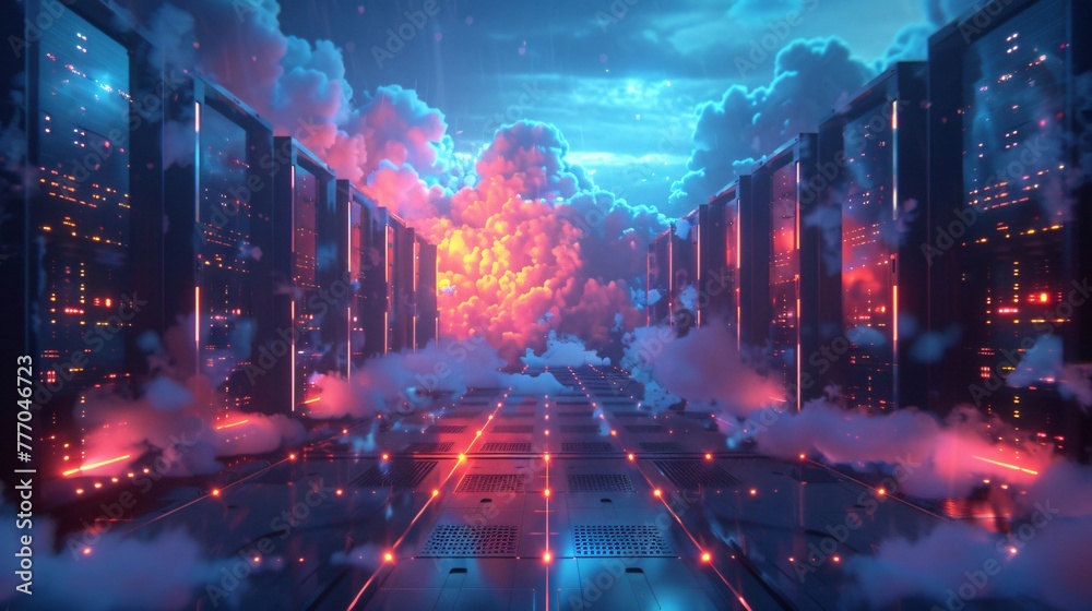 Illuminated Server Room with Dynamic Clouds