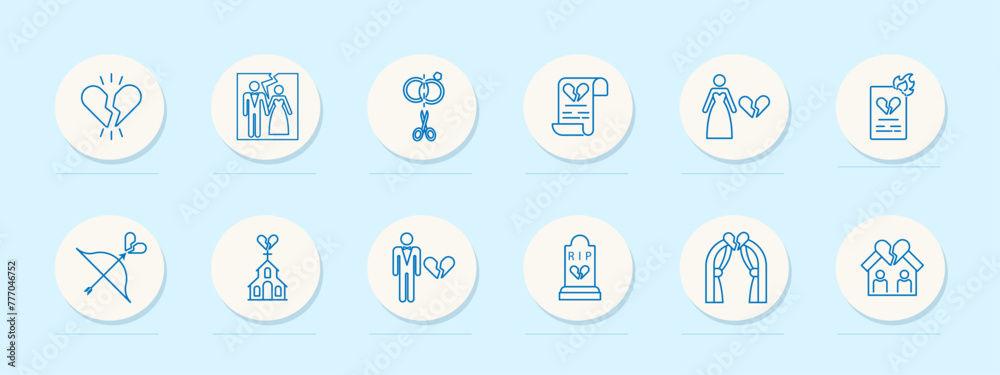 Divorce set icon. Document, broken heart, burning paper, breakup, separate, bride, wedding dress, bow, grave, photo card, split, crown. Parting, ending a relationship concept. Vector line icon. Divorce set icon. Document, broken heart, burning paper, breakup, separate, bride, wedding dress, bow, grave, photo card, split, crown. Parting, ending a relationship concept. Vector line icon.