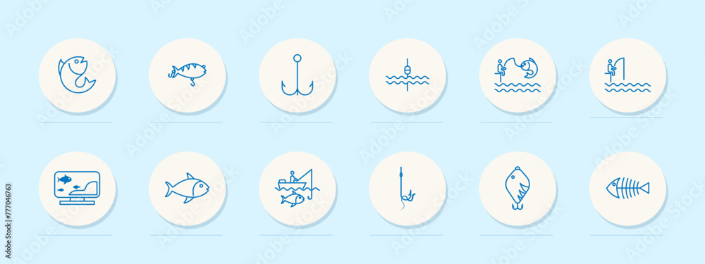 Fishing icon set. Camping, skeleton, fishing line, fisherman, sea, pond, catch, hook, float, hook, underwater creature, perch, silhouette, blue. Active recreation concept. Vector line icon. Fishing icon set. Camping, skeleton, fishing line, fisherman, sea, pond, catch, hook, float, hook, underwater creature, perch, silhouette, blue. Active recreation concept. Vector line icon.