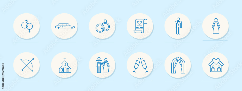 Wedding icon set. Document, wine, sex, glasses, church, heart, wife, wedding dress and suit, man, groom, house, limousine, bow, marriage certificate, altar. Marriage concept. Vector line icon. Wedding icon set. Document, wine, sex, glasses, church, heart, wife, wedding dress and suit, man, groom, house, limousine, bow, marriage certificate, altar. Marriage concept. Vector line icon.