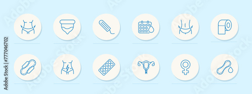 Menstruation set icon. Condom, tampon, pad, pack of female gender pills, calendar, blood, lightning, female reproductive organ, toilet paper. Self care concept. Vector line icon.