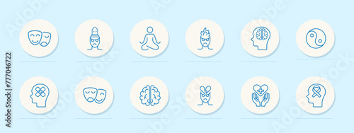 Mood icon set. Theater masks, smile, anger, yin yang, man, brain, fire, meditation, silhouette, sentiment care, patch, restoration, blue. Controlling your condition concept. Vector line icon.