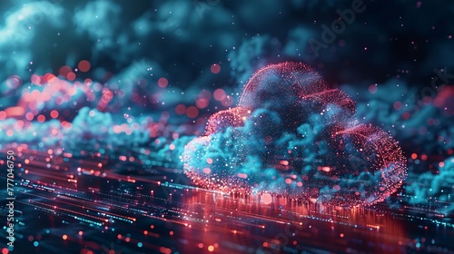 Abstract Digital Cloud with Glowing Red and Blue Particles