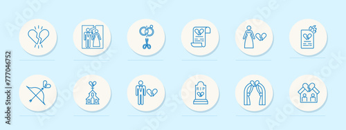 Divorce set icon. Document, broken heart, burning paper, breakup, separate, bride, wedding dress, bow, grave, photo card, split, crown. Parting, ending a relationship concept. Vector line icon.