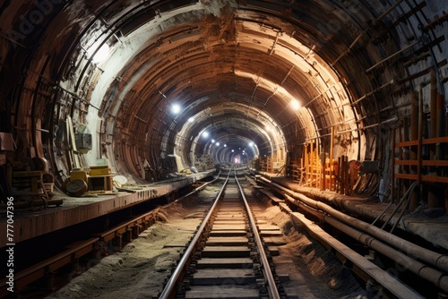 Subway tunnel construction  Underground subway tunnel under construction  AI generated