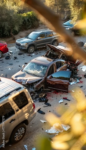 Top view of a dangerous car crash, displaying a severe accident scene on the road