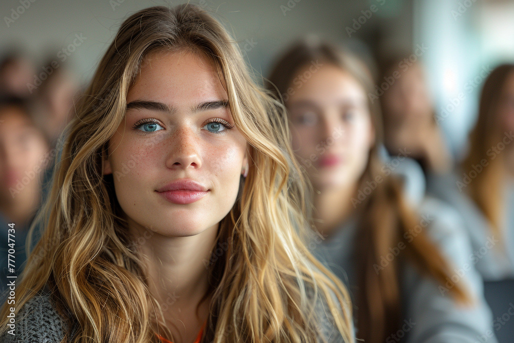 portrait of a beautiful young female student in class portrait of a beautiful young female student in class