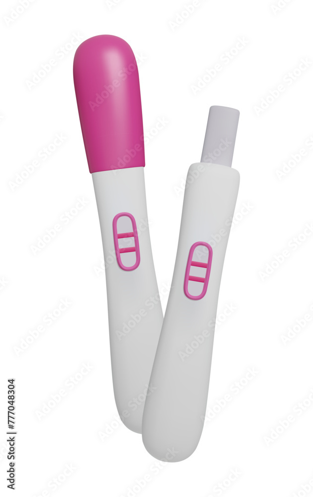 Pair of pregnancy tests 3D vector illustration isolated on white. Pink 3D cartoon style pregnancy ovulation fertility test kit. Child birth motherhood planning. Positive pregnancy test stick two lines