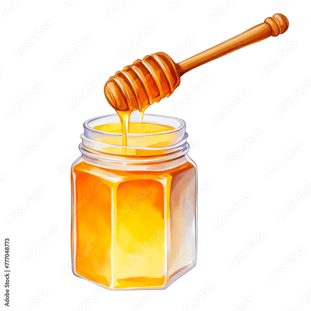 Raw honey in a glass jar wit wooden dipper, watercolor illustration, farmhouse, ingredient, healthy, creamy, cutout png, honey jar Raw honey in a glass jar wit wooden dipper, watercolor illustration, farmhouse, ingredient, healthy, creamy, cutout png, honey jar
