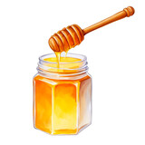 Raw honey in a glass jar wit wooden dipper, watercolor illustration, farmhouse, ingredient, healthy, creamy, cutout png, honey jar