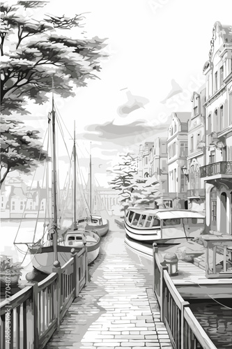 Adobe IllustratoA bustling harbor with boats and ships coloring page