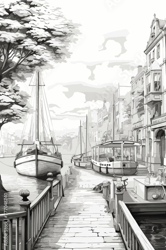 Adobe IllustratoA bustling harbor with boats and ships coloring page