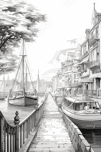 Adobe IllustratoA bustling harbor with boats and ships coloring page