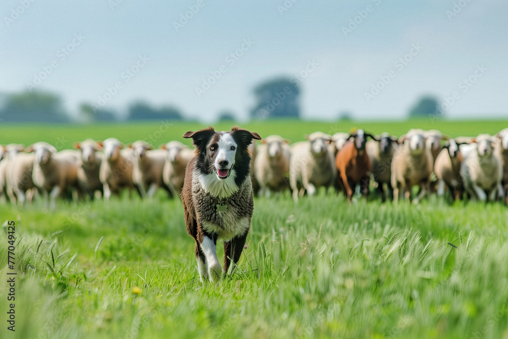 Obraz premium Energetic border collie running in the foreground with a flock of sheep in the background.