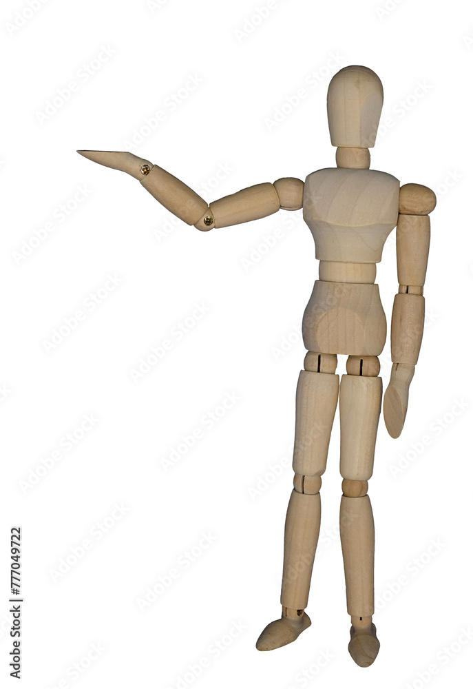 The toy figure model of man shows something. Raised right hand. Figurine manikin. Isolated. The toy figure model of man shows something. Raised right hand. Figurine manikin. Isolated.