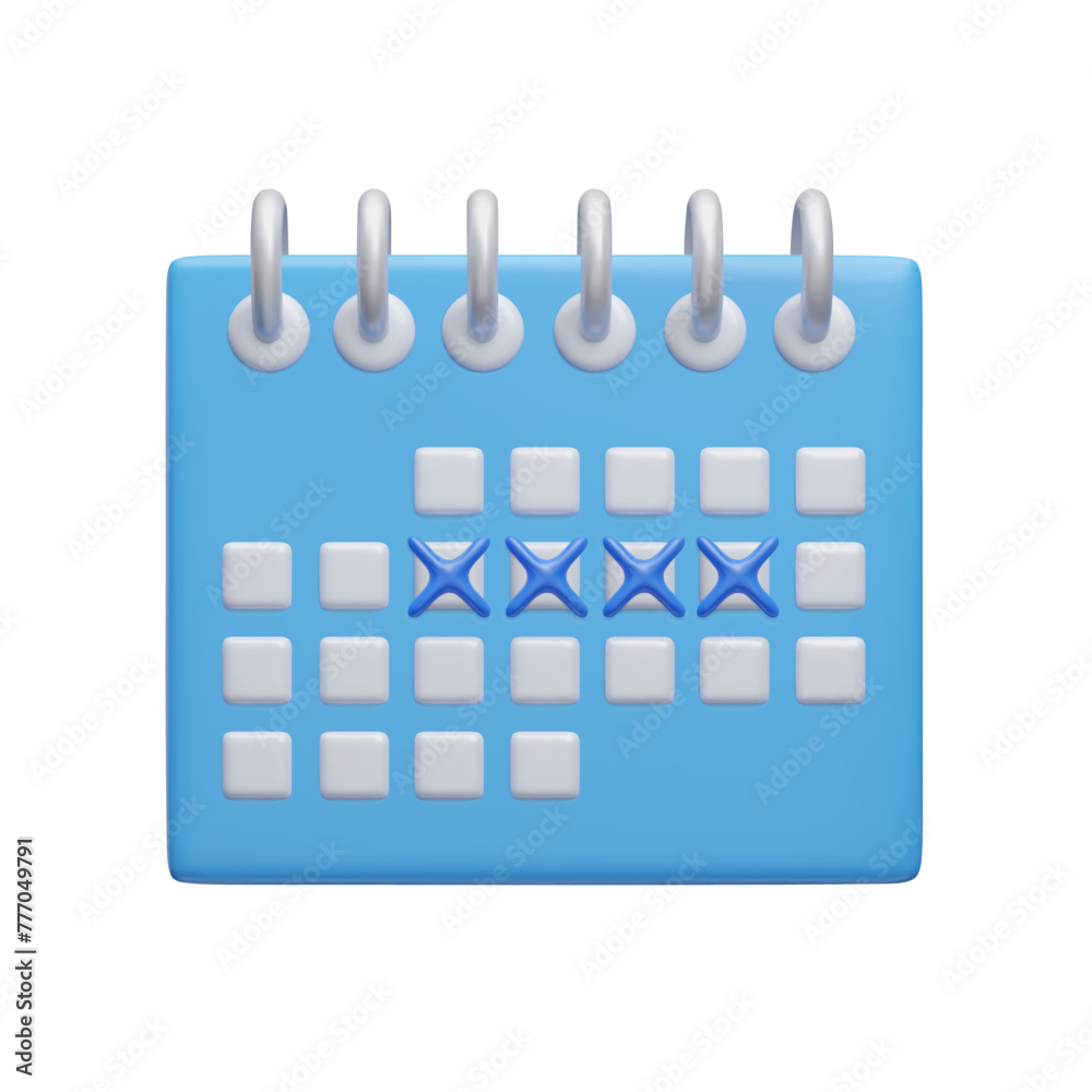 Blue 3D calendar vector icon. Cartoon style 3D schedule calendar tracker vector illustration isolated on white. Business planner, menstrual calendar, school month timetable. Blue 3D calendar vector icon. Cartoon style 3D schedule calendar tracker vector illustration isolated on white. Business planner, menstrual calendar, school month timetable.