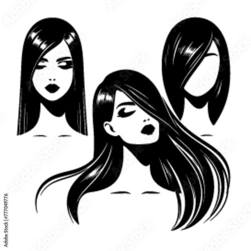 minimalist Fashion woman with straight long shiny hair. Beauty and hair care vector black color silhouette, Black color silhouette png white background new-46