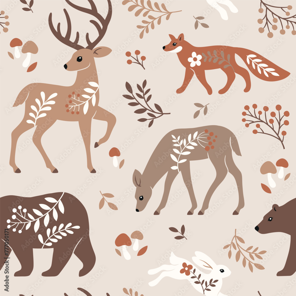 Seamless vector pattern with cute woodland animals, trees and leaves. Scandinavian woodland illustration. Perfect for textile, wallpaper or print design. - obrazy, fototapety, plakaty 