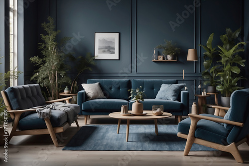 Elegantes skandinavisches Wohnzimmer in Blautönen mit natürlichen Dekorelementen