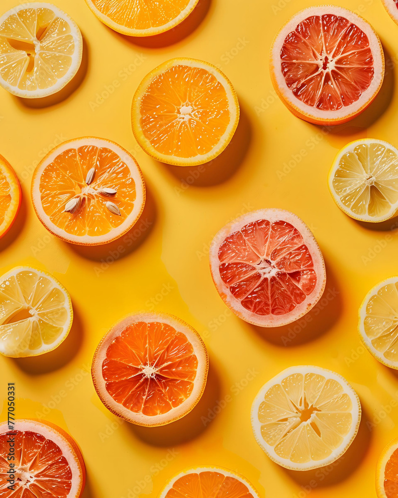 Citrus fruits sliced and arranged artistically top-down view