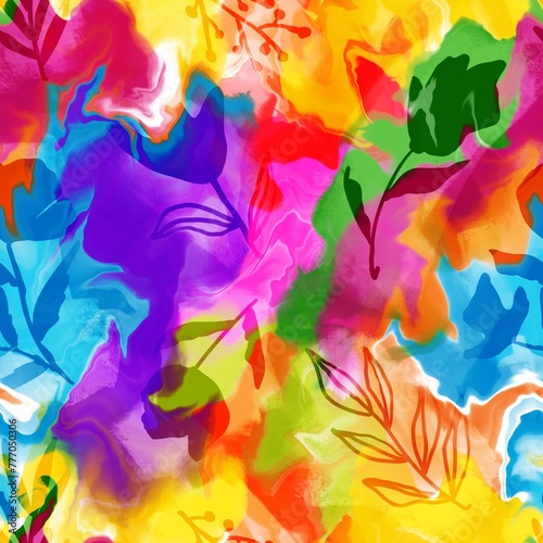 Abstract Hand Drawing Digital Painting Watercolor Flowers Leaves and Branches Seamless Pattern Tie Dye Marble Background