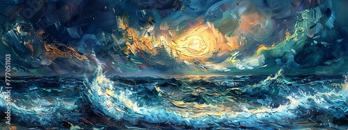 The Ocean's Embrace A Painting of a Stormy Sea at Sunset Generative AI