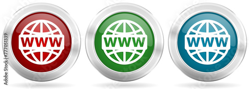 Web, www and internet vector icon set. Red, blue and green silver metallic web buttons with chrome border