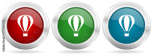 Balloon, air transport vector icon set. Red, blue and green silver metallic web buttons with chrome border