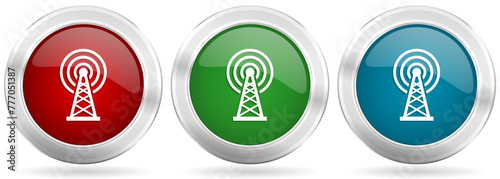 Antenna, wireles communication vector icon set. Red, blue and green silver metallic web buttons with chrome border