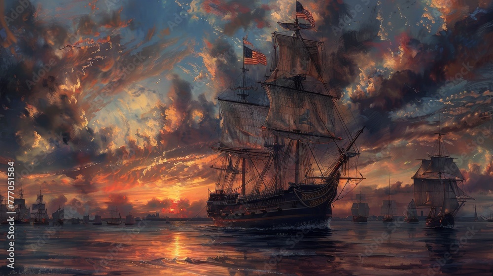 Obraz premium Oil Paint Shit Art. Marine Landscape, United States Flag Historic Galleon and Ocean Scene for Classic Interior. 