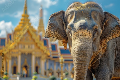 A large Asian elephant poses in front of the royal palace in Bangok, Thailand. Tourism concept, excursion to historical sights. photo