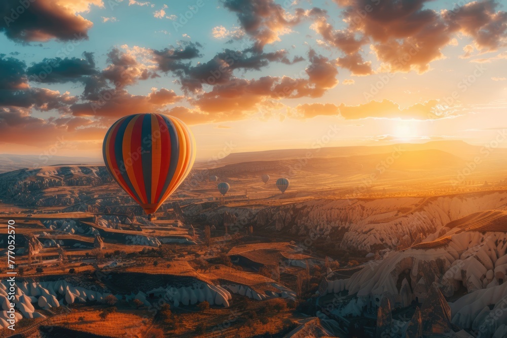Colorful Hot Air Balloon Flying Over Famous Landmarks at Sunset. Awe-Inspiring Journey to Cave Dwellings During Vacation