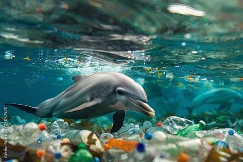 A dolphin swims in the ocean amidst plastic bottles