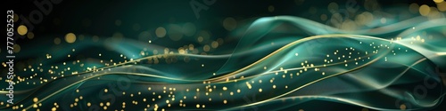 Green rich background with golden lines, luxury curves, and light effect with shimmering bokeh elements.