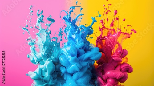 Cmyk Color Splashes of Ink in Cyan Magenta Yellow Black. Creative Cloud of Liquid Paint Ink for Print and Injection with a Splash Effect