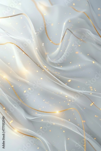 White rich background with golden lines, luxury curves, and light effect with shimmering bokeh elements.